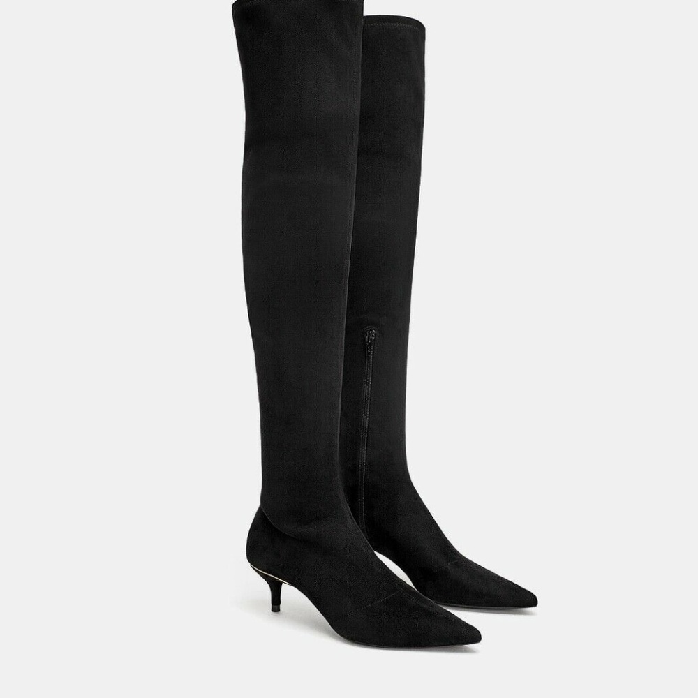 ZARA Black Tall Fabric Thigh High Kitten HEEL OVER-THE-KNEE Boots Black New - Picture 5 of 7